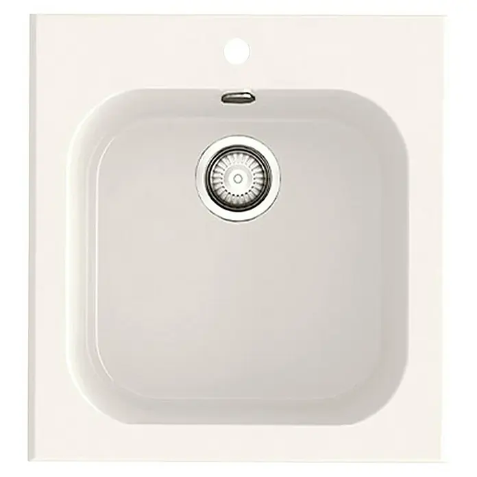 Poalgi Fregadero encastrable Toba - 48,5 x 45,5 cm, Material compuesto, Blanco, Brillante - Un fregadero de cocina moderno y cuadrado en color claro, con un desagüe elegante y una estética minimalista.