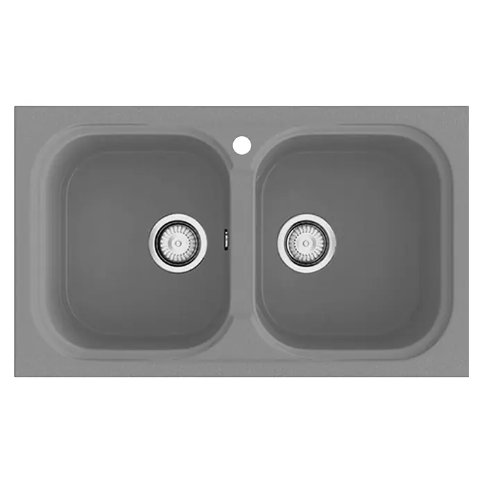 Poalgi Fregadero encastrable Malaquita - 49,5 x 82,3 cm, Material compuesto, Número de cubetas: 2 ud., Gris, Brillante - Fregadero doble gris con dos cubetas y desagües redondos, ideal para una cocina moderna y hogares ocupados.