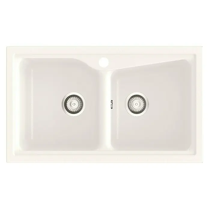 Poalgi Fregadero encastrable City 322 Soft 2S - 51 x 86 cm, Material compuesto, Número de cubetas: 2 ud., Blanco, Brillante - Primer plano de un fregadero doble blanco con dos cubetas, perfecto para cocinas modernas. El fregadero ofrece un amplio espacio para lavar y preparar alimentos.