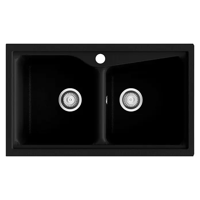 Poalgi Fregadero encastrable City 322 Soft 2S - 51 x 86 cm, Material compuesto, Número de cubetas: 2 ud., Negro, Brillante - Primer plano de un fregadero negro de doble cubeta con dos desagües, ideal para cocinas modernas.