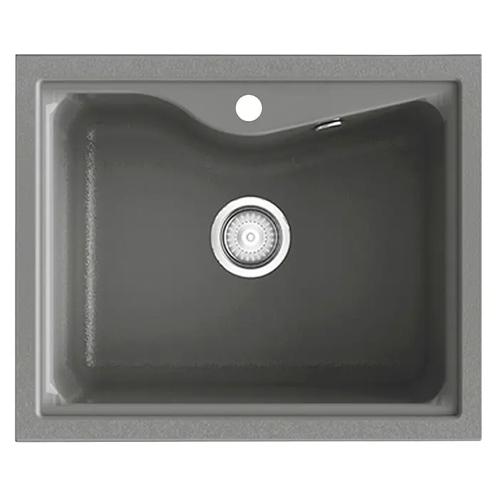 Poalgi Fregadero encastrable City 330 Soft 1S - 51 x 62 cm, Material compuesto - Primer plano de un fregadero de cocina moderno gris con desagüe y forma ligeramente redondeada. El fregadero parece de alta calidad y elegante.