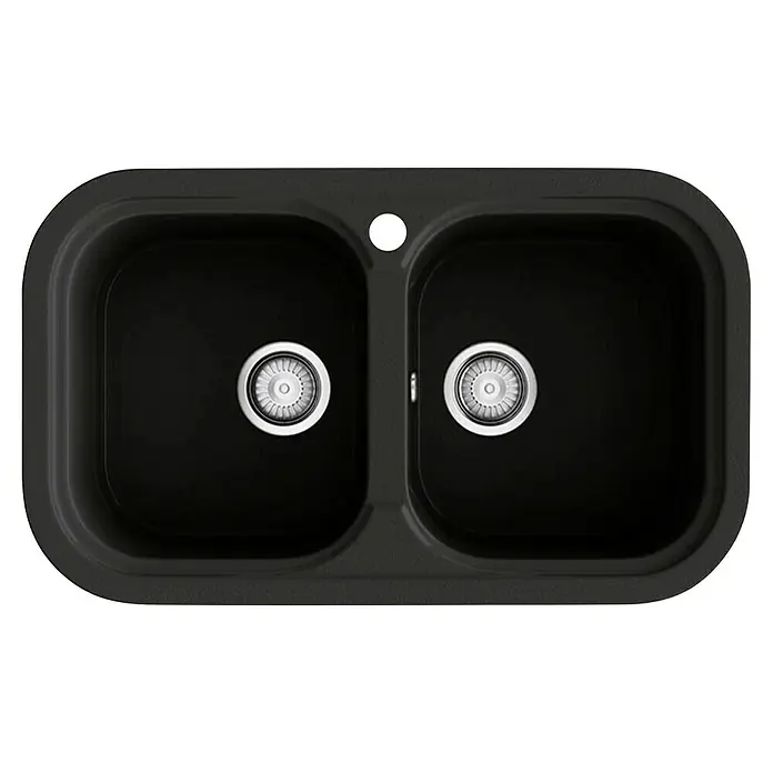 Poalgi Fregadero encastrable Esmeralda - 48,5 x 81 cm, Negro - Primer plano de un fregadero doble negro con dos cubetas y desagües redondos, ideal para cocinas modernas.