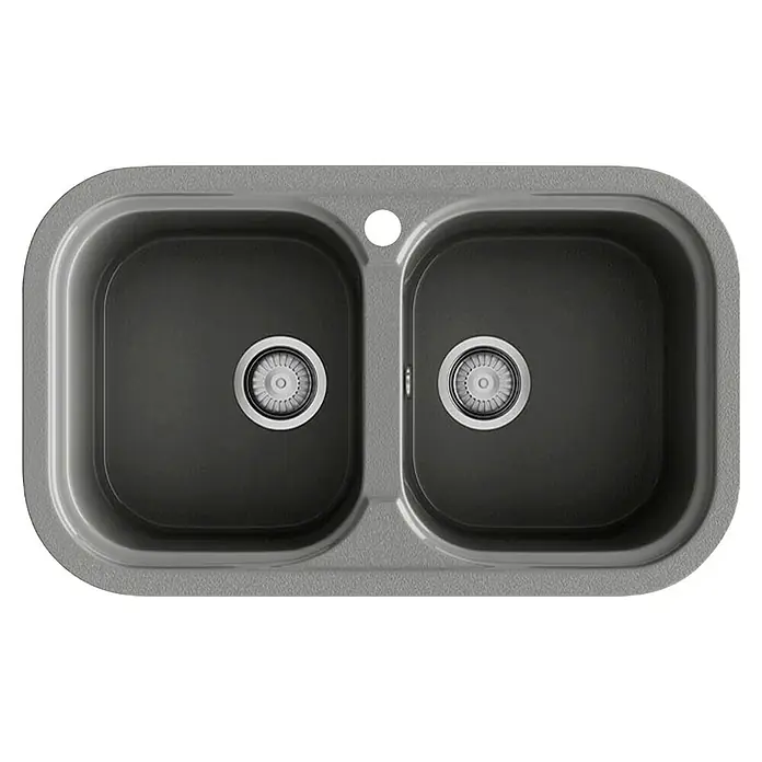 Poalgi Fregadero encastrable Esmeralda - 48,5 x 81 cm, Gris - Vista detallada de un fregadero de cocina doble compuesto gris con dos cubetas y desagües centrales. Un diseño duradero para cocinas modernas.