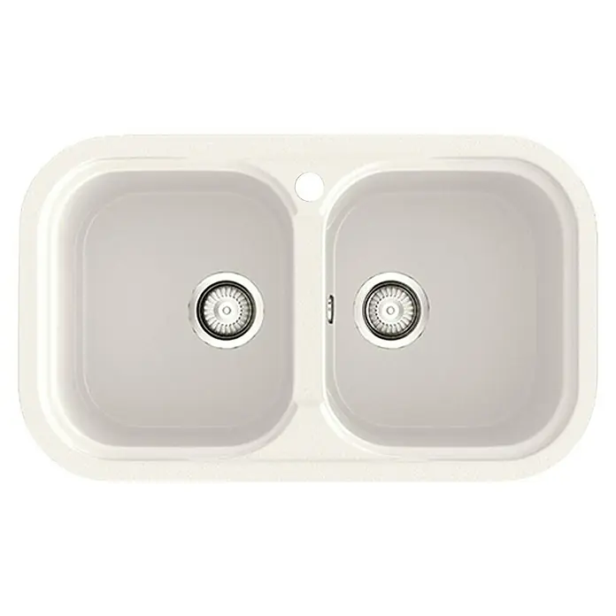 Poalgi Fregadero encastrable Esmeralda - 48,5 x 81 cm, Blanco - Fregadero doble de cerámica en color crema, ideal para una cocina moderna. El fregadero tiene dos cubetas con desagües y un pequeño orificio en el centro.