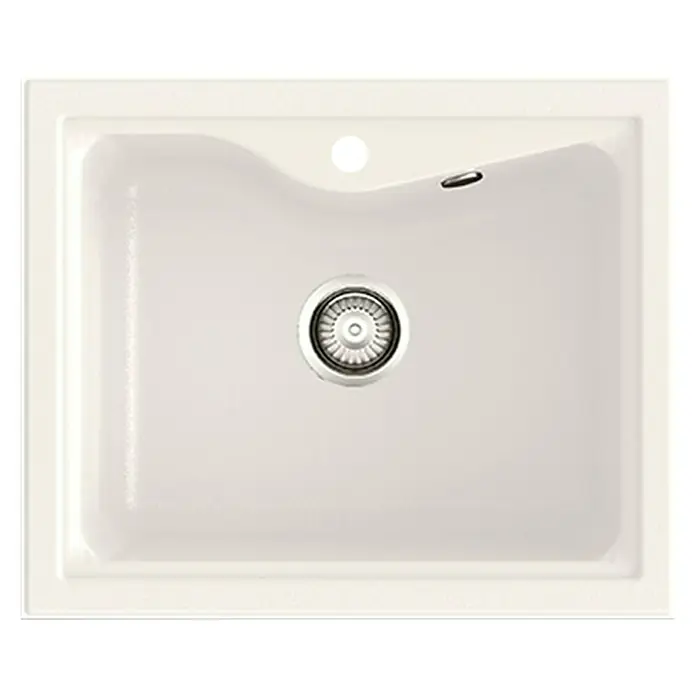 Poalgi Fregadero encastrable City 320 Soft 1S - 51 x 62 cm, Material compuesto, Blanco, Brillante - Primer plano de un fregadero de cerámica blanca con un desagüe redondo de acero inoxidable en el centro y una forma rectangular elegante.