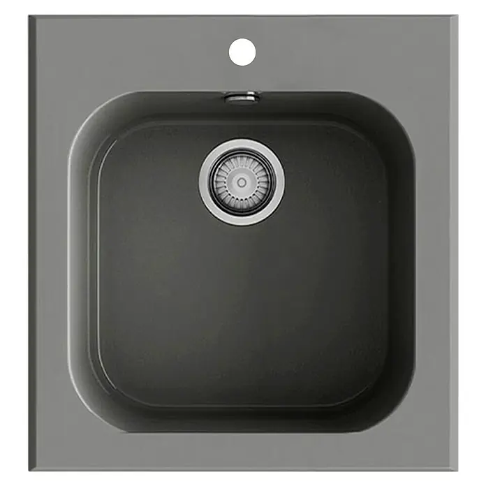 Poalgi Fregadero encastrable Toba - 48,5 x 45,5 cm, Material compuesto, Gris, Brillante - Primer plano de un fregadero de cocina moderno, cuadrado, gris oscuro con un desagüe redondo. Ideal para cualquier cocina elegante.