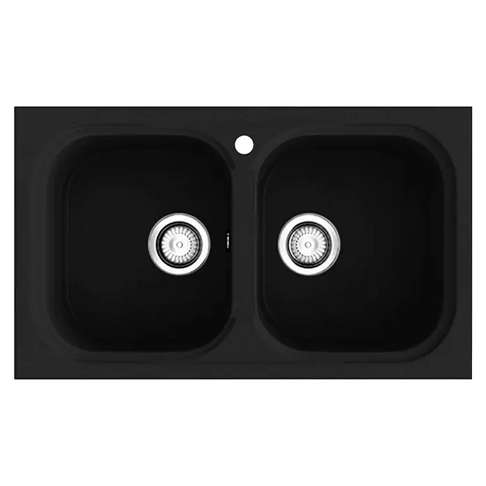 Poalgi Fregadero encastrable Malaquita - 49,5 x 82,3 cm, Material compuesto, Número de cubetas: 2 ud., Negro, Brillante - Fregadero negro de doble seno con dos desagües. Ideal para cualquier cocina moderna.