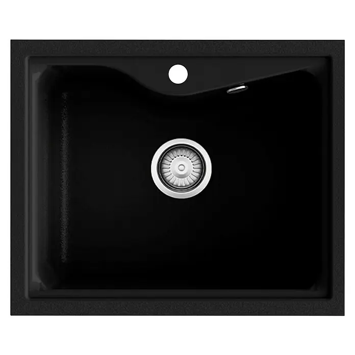Poalgi Fregadero encastrable City 320 Soft 1S - 51 x 62 cm, Material compuesto, Negro, Brillante - Primer plano de un fregadero de cocina negro moderno con un acabado brillante y un desagüe central.