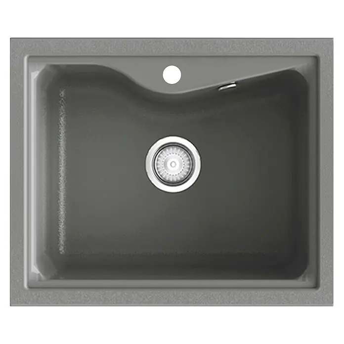 Poalgi Fregadero encastrable City 320 - 51 x 62 cm, Material compuesto - Primer plano de un fregadero rectangular moderno de color gris oscuro con un desagüe brillante.