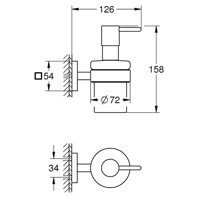 Grohe QuickFix Start Cube Seifenspender - Metall - Produktdiagramm eines Seifenspenders mit Abmessungen für die Installation, das die Größe und die Befestigung an der Wand zeigt.