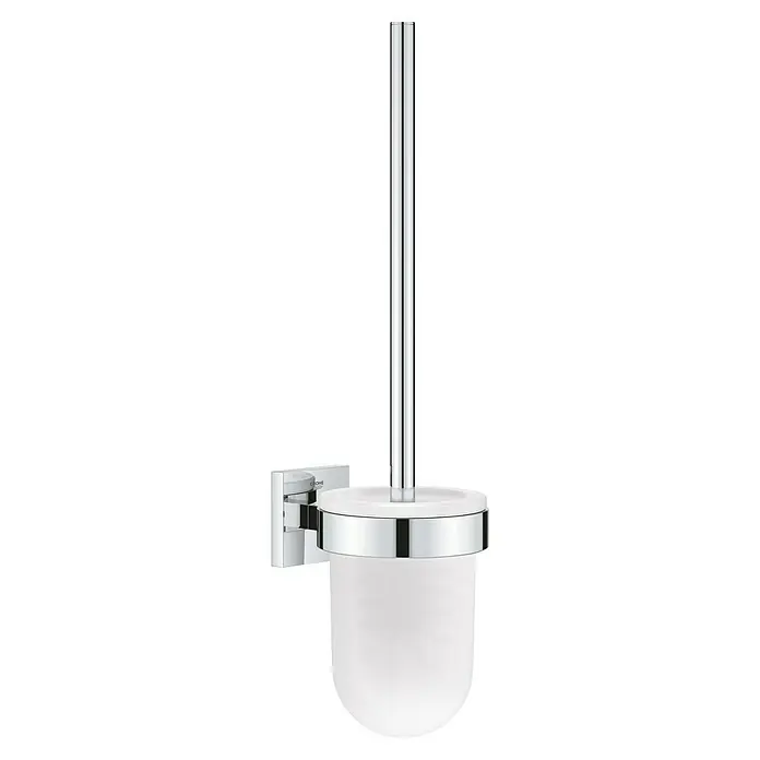 Grohe QuickFix Start Cube WC-Bürstengarnitur - Metall - Badezimmer-Accessoire: Wandmontierte WC-Bürstengarnitur mit glänzendem Chrom-Finish und mattiertem Glasbehälter für moderne Badezimmerästhetik.