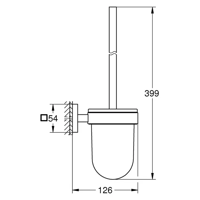 Grohe QuickFix Start Cube WC-Bürstengarnitur - Metall - Technische Zeichnung eines Toilettenbürstenhalters mit den Maßen 399 mm Höhe und 126 mm Breite. Wandmontage mit einem Abstand von 54 mm.