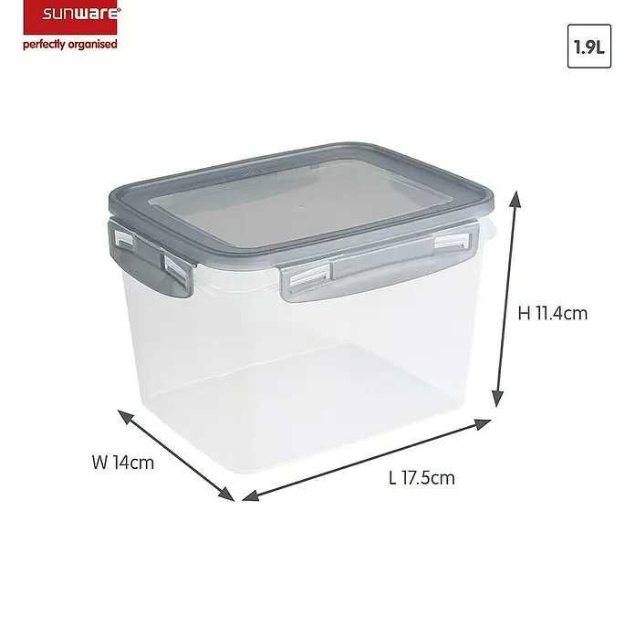 Sunware Gefrierdose Club Cuisine - 1,9 l, L x B x H: 17,5 x 14 x 11,4 cm, Farbe Deckel: Grau - Ein rechteckiger 1.9L Sunware Frischhaltebehälter mit grauem Deckel und den Maßen 14 x 17.5 x 11.4 cm.