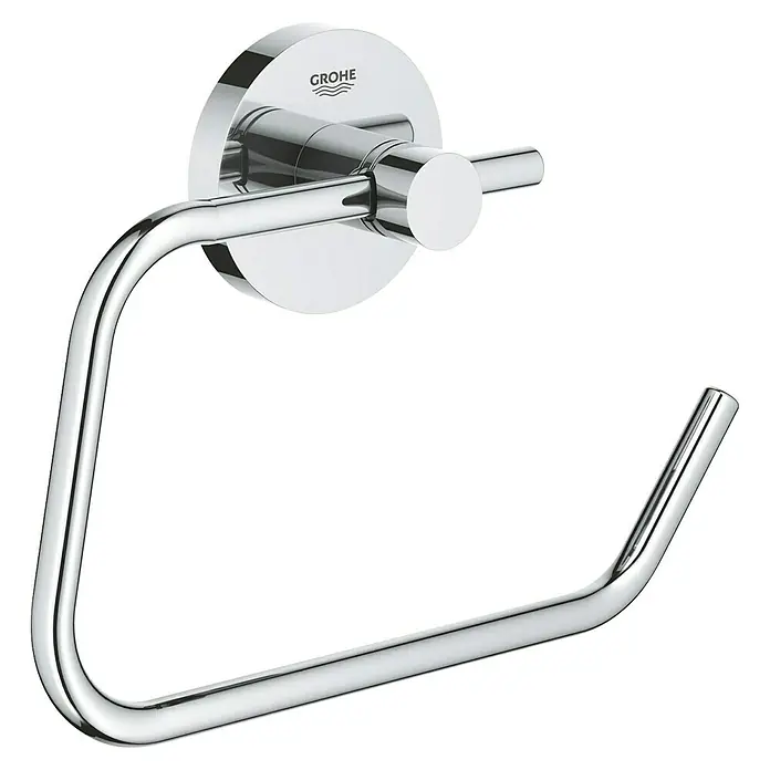 Grohe QuickFix Start Toilettenpapierhalter - Silber, Metall, L x B x H: 14,4 x 5,5 x 19 cm - Das Bild zeigt einen verchromten Grohe Handtuchring zur Wandmontage. Er ist stilvoll und bietet eine praktische Lösung für jedes Badezimmer.