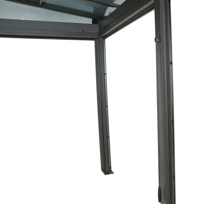 Sunfun Anstellpavillon Ibiza - B x T: 400 x 300 cm, Farbe Gestell: Anthrazit, Aluminium - Nahaufnahme eines Pavillons mit stabilen Metallpfosten und transparentem Dach, ideal für den Außenbereich.