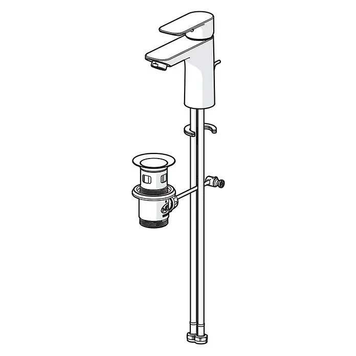 Hansa Pico Waschtischarmatur M-Size Coldstart - Ausladung Armatur: 112 mm, Chrom - Produktbild eines modernen Waschbeckenarmatur-Sets mit hohem Auslauf und Ablaufgarnitur, ideal für stilvolle Badezimmer.