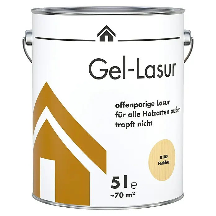 Holzlasur Gel-Holzlasur - Farblos, 5 l, Seidenglänzend - Dose Gel-Lasur Holzlasur für Aussenanwendungen. Die farblose Holzlasur ist atmungsaktiv und tropfgehemmt. Inhalt: 5 Liter, Reichweite: ca. 70 m².