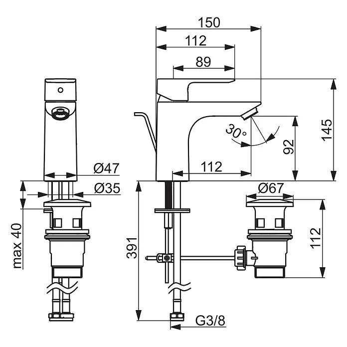 Hansa Pico Waschtischarmatur M-Size Coldstart - Ausladung Armatur: 112 mm, Chrom - Technische Zeichnung einer Armatur mit Maßen, inklusive Höhe, Durchmesser und Winkel für Installationsdetails.