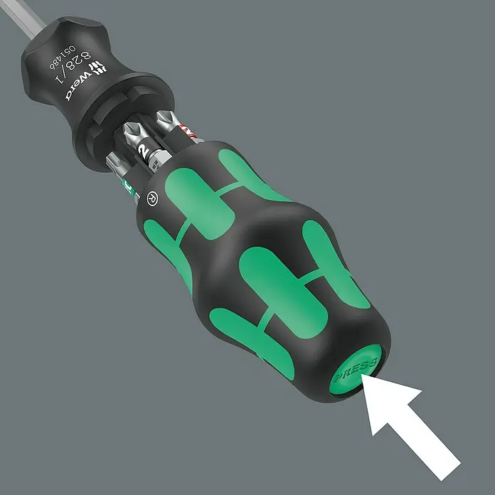 Wera Kraftform Kompakt Bithalter - 7 -tlg. - Der Wera 828/1 Bit-Handhalter mit praktischer "Press"-Funktion für schnellen Bitwechsel.