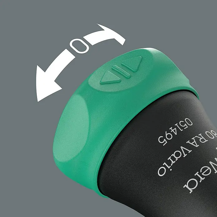 Wera Kraftform Kompakt Vario Schraubendreher-Set - 7 -tlg. - Detailaufnahme eines Wera Schraubendrehers mit grünem Griff und Drehrichtungspfeil.