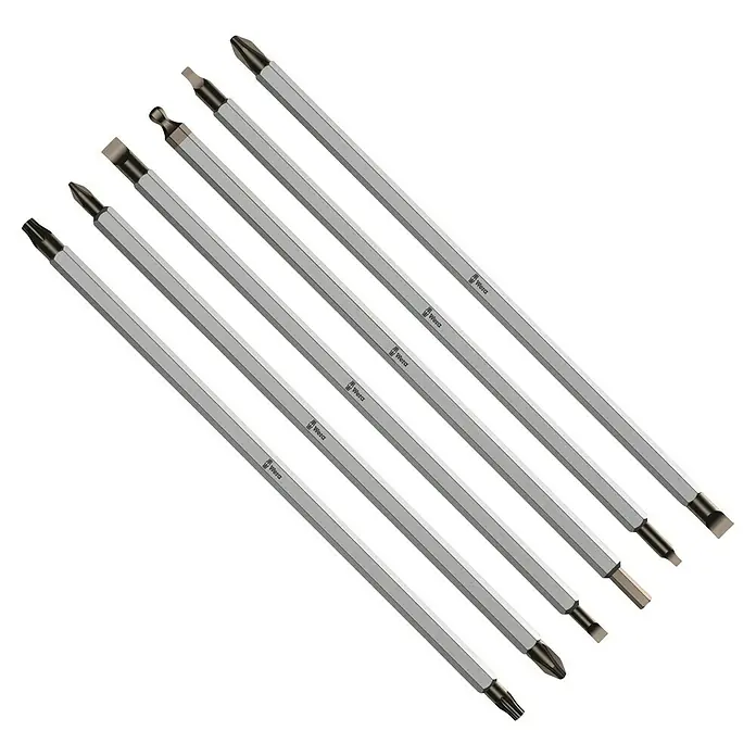 Wera Kraftform Kompakt Vario Schraubendreher-Set - 7 -tlg. - Eine Nahaufnahme von Wera Werkzeug-Bits, die Präzision und Haltbarkeit für verschiedenste Schraubarbeiten versprechen.