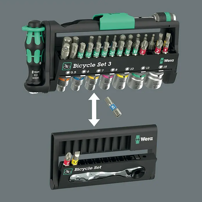 Wera Fahrrad-Werkzeugkoffer Bicycle Set 3 - 41 -tlg. - Das Wera Bicycle Set 3, ein Werkzeugset für Fahrräder, bestehend aus Bits, Nüssen und einem Ratschenschlüssel, ideal für unterwegs und die Werkstatt.