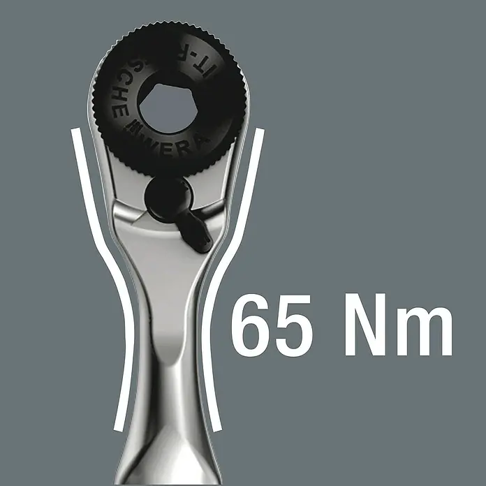 Wera Bit-Set Tool-Check 1 - 38 -tlg. - Detailaufnahme eines Wera Knarrenschlüssels, der ein maximales Drehmoment von 65 Nm unterstützt. Kompaktes Design für präzises Arbeiten.