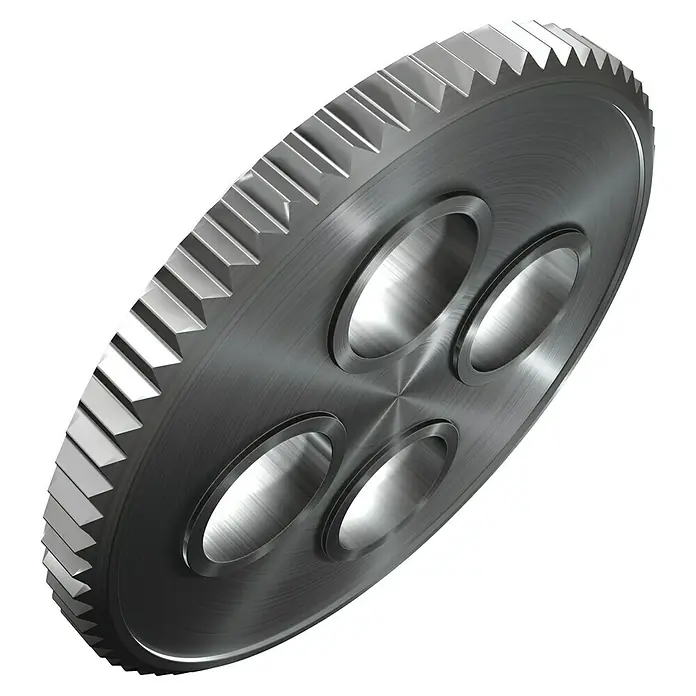 Wera Bit-Set Tool-Check 1 - 38 -tlg. - Nahaufnahme eines silbernen Zahnrads mit vier Löchern auf einem schwarzen Hintergrund, das die mechanische Präzision hervorhebt.