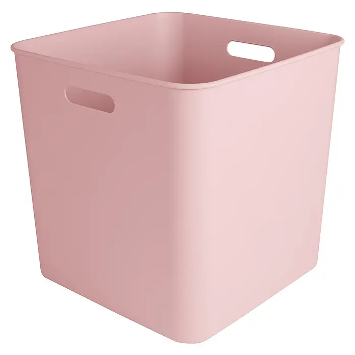 Sunware Sigma home Aufbewahrungsbox cube box - L x B x H: 31 x 31 x 31 cm, Kunststoff, Rosa, 25 l - Nahaufnahme eines rosafarbenen, quadratischen Aufbewahrungskorbs mit Griffen an den Seiten. Perfekt für die Organisation von Gegenständen.