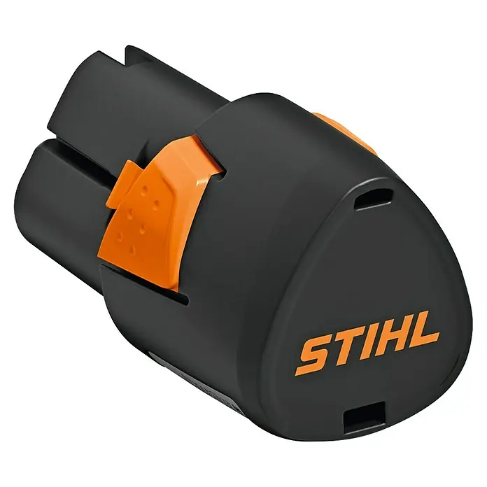 Stihl AS Akku AS 2 - 2,6 Ah, Li-Ionen - Eine Nahaufnahme eines STIHL Akkus, der durch sein schwarzes Gehäuse und orangefarbene Akzente hervorsticht und die Marke betont.