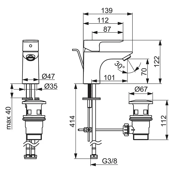 Hansa Pico Waschtischarmatur S-Size Coldstart - Ausladung Armatur: 101 mm, Chrom - Technische Zeichnung einer Waschtischarmatur mit Bemaßungen für Installation und Design, inklusive aller Maße.