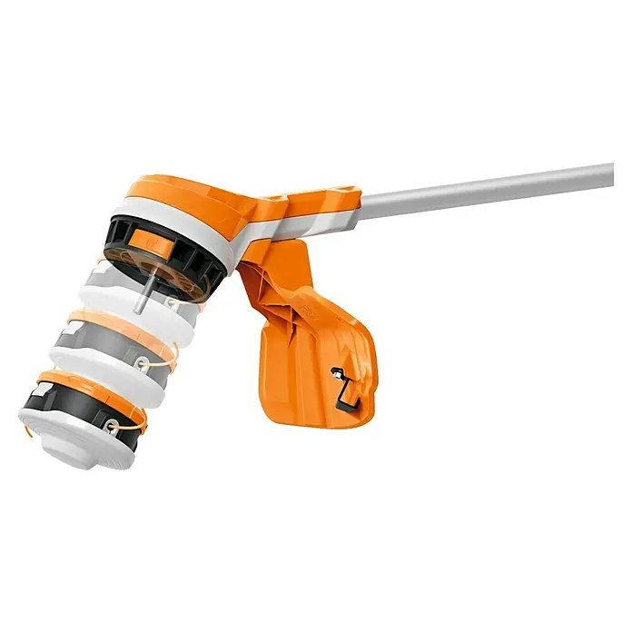 Stihl AK Akku-Freischneider FSA 70 R - 36 V, Ohne Akku, Schnittbreite Faden: 38 cm - Detailaufnahme eines orangefarbenen und weißen STIHL-Rasentrimmers, der ein robustes Design und präzise Schneidetechnik zeigt.