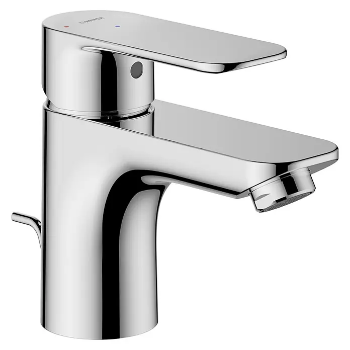 Hansa Pico Waschtischarmatur S-Size Coldstart - Ausladung Armatur: 101 mm, Chrom - Nahaufnahme eines glänzenden, modernen Hansa Waschtischmischers aus Chrom vor einem schlichten, dunklen Hintergrund.