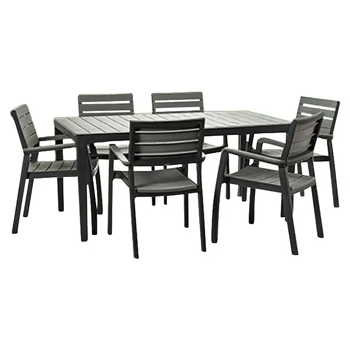Keter Silla de jardín Harmony - 47 x 60 x 86 cm, Polipropileno, Negro - Un conjunto de mesa y sillas de jardín de madera gris, ideal para comer al aire libre. Las sillas tienen reposabrazos.