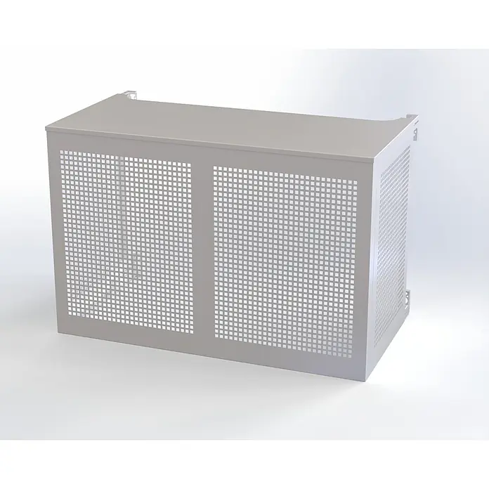 ZimaKlima Protector para unidad exterior - Ancho: 95 cm, Largo: 50 cm, Altura: 70 cm, Metal, Blanco - Una caja de aire acondicionado metálica blanca perforada sobre un fondo neutro.