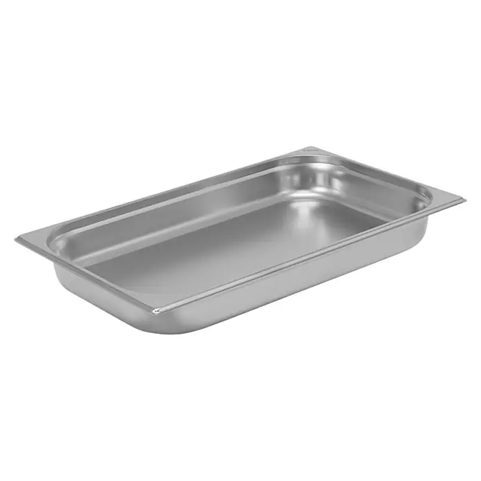 Gastronormbehälter GN 1/1 - L x B x H: 530 x 325 x 40 mm, Edelstahl - Ein glänzendes Edelstahl-Gastronormbehälter, ideal für die professionelle Küche und Catering, zur Präsentation und Aufbewahrung von Speisen.