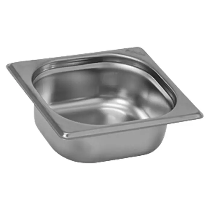 Gastronormbehälter GN 1/6 - L x B x H: 176 x 162 x 150 mm, Edelstahl - Nahaufnahme einer GN-Pfanne aus Edelstahl, ideal für Gastronomie und Küche, robust und vielseitig einsetzbar.