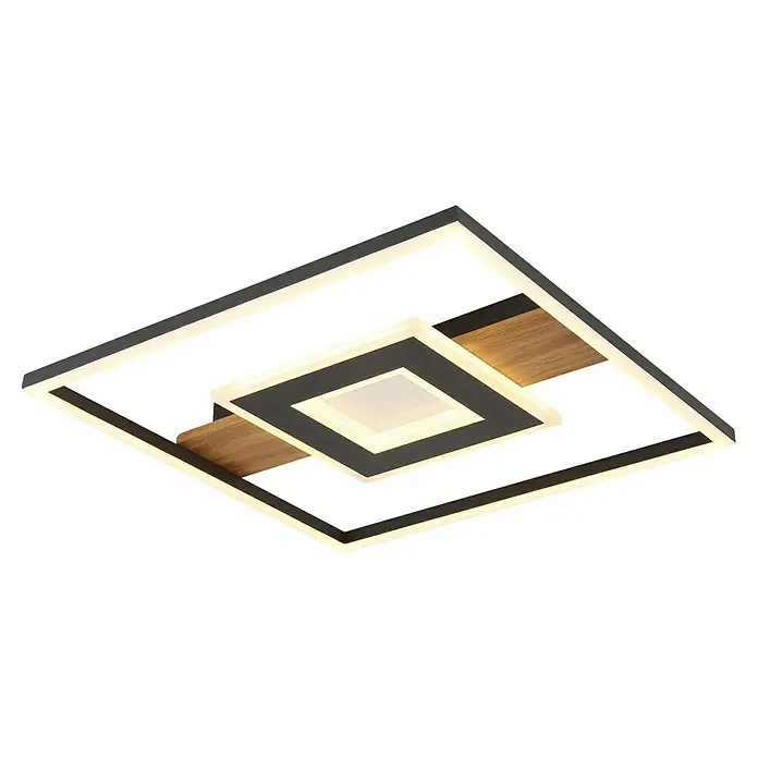 Globo LED-Deckenleuchte Pikara - L x B x H: 37,8 x 37,8 x 5 cm, Braun, 24 W, Lichtfarbe: Warmweiß, 800 lm - Deckenleuchte mit quadratischem Design in Schwarz, Weiß und Holzoptik, ideal für moderne Innenräume mit stilvoller Beleuchtung.
