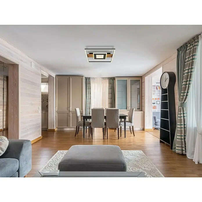 Globo LED-Deckenleuchte Pikara - L x B x H: 37,8 x 37,8 x 5 cm, Braun, 24 W, Lichtfarbe: Warmweiß, 800 lm - Elegante Deckenleuchte im modernen Wohnzimmer. Die Lampe ist quadratisch mit einem Holz- und Metalleinsatz, der dem Raum Wärme verleiht.