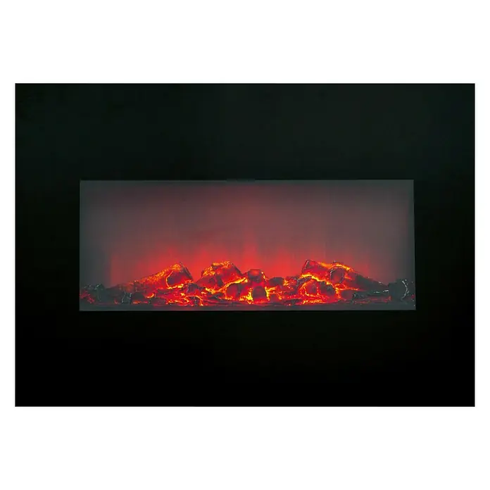 Chimenea eléctrica Memphis - 1.600 W - 1.800 W, Negro, L x An x Al: 13 x 66 x 46,5 cm - Primer plano de una chimenea eléctrica con fuego simulado y carbones incandescentes, creando un ambiente acogedor.