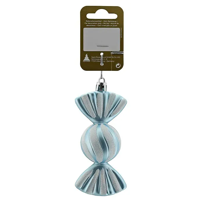 Geroma Deko-Anhänger Candy - Länge: 12 cm, Hellblau/Weiß, 1 Stk. - Nahaufnahme einer blauen, glitzernden Weihnachtsbaumkugel mit goldener Verpackung, die als Dekoration dient.