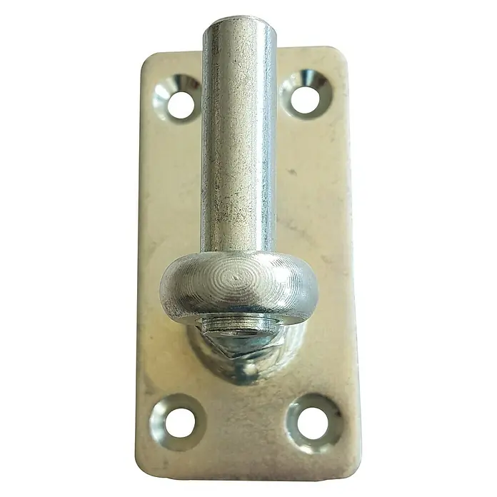 Stabilit Gozne - L x An x Al: 5 x 50 x 100 mm, Diámetro mandril: 13 mm, Ajustable: 0 mm - 20 mm - Primer plano de un robusto pivote de puerta plateado con placa de montaje, ideal para construcciones de puertas resistentes.