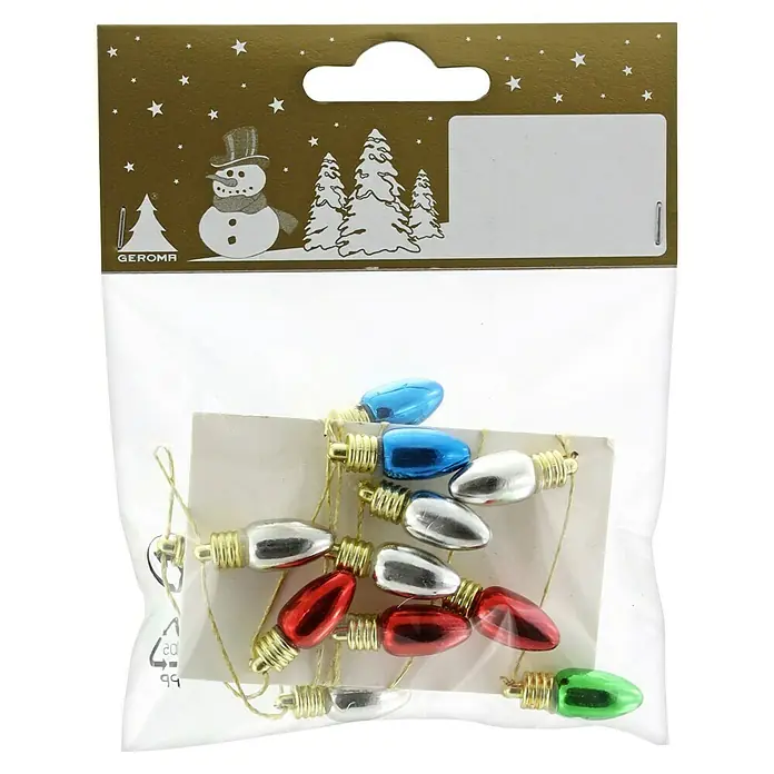 Geroma Weihnachtsgirlande Bunte Glühbirnen - Kunststoff, Länge: 65 cm - Bild einer Packung Geroma Mini-Weihnachtsbaumlichterketten mit blauen, silbernen, roten und grünen Glühbirnen, die auf einem weißen Karton befestigt sind.