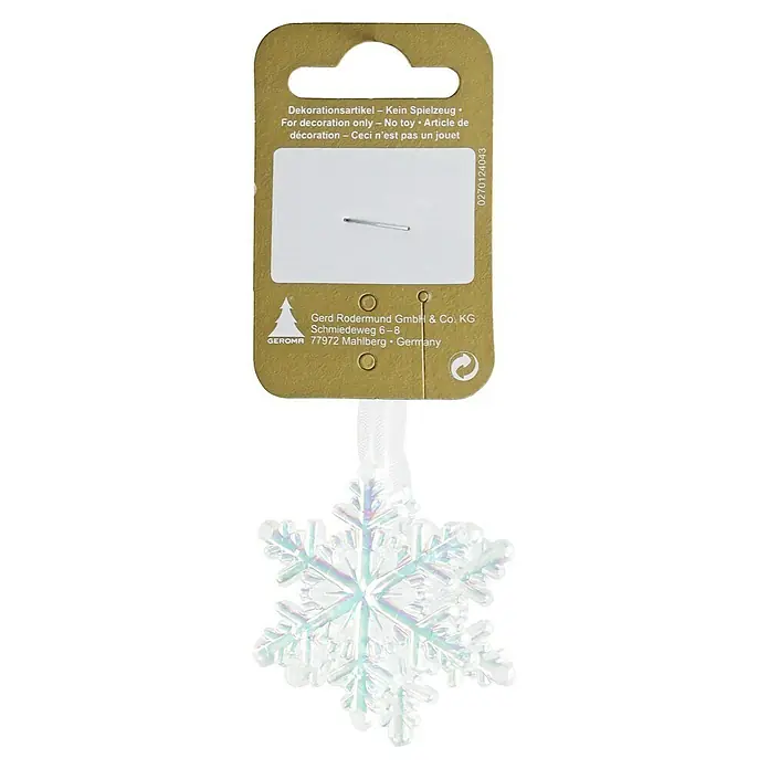 Geroma Christbaumschmuck Schneeflocke - Durchmesser: 4,5 cm, Transparent, Kunststoff, 2 Stk. - Nahaufnahme einer irisierenden Schneeflocken-Weihnachtsdekoration mit goldener Verpackung, die die weihnachtliche Stimmung hervorhebt.