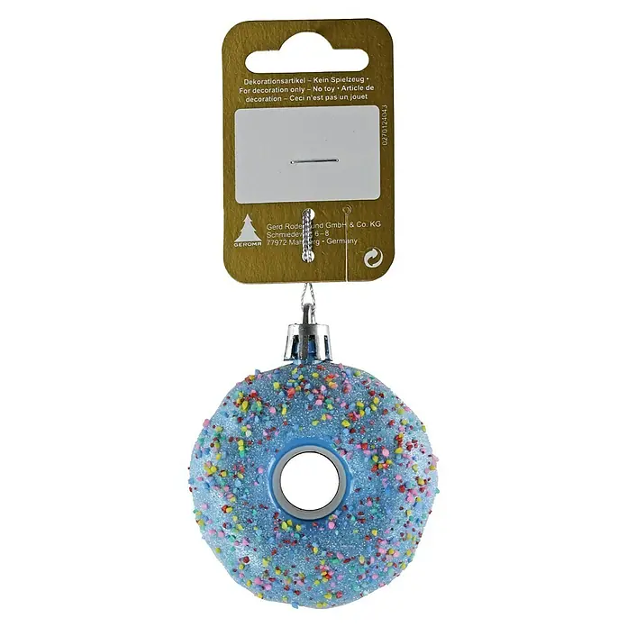 Geroma Christbaumschmuck Donut - Hellblau, Kunststoff - Dekorativer, hellblauer Donut-förmiger Christbaumschmuck mit bunten Streuseln, hängt an einem goldenen Kartonetikett mit Herstellerinformationen.