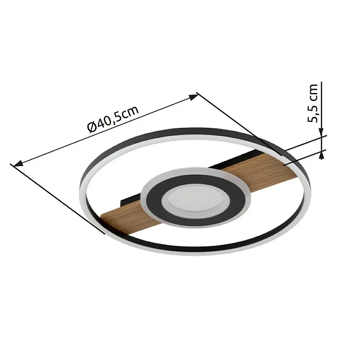 Globo Plafón LED Blacky - Marrón, 24 W, Blanco cálido - Imagen de una lámpara de techo LED, dimensiones Ø40,5cm y una altura de 5,5cm. La luz combina diseño moderno con elementos de madera cálida.