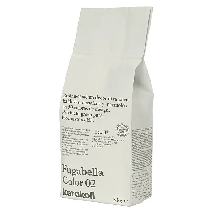 Kerakoll Mortero para juntas - cemento Fugabella - Color: 02, 3 kg - Imagen del producto Fugabella Color 02 Kerakoll, un resina-cemento decorativo para baldosas, mosaicos y mármoles, producto verde.