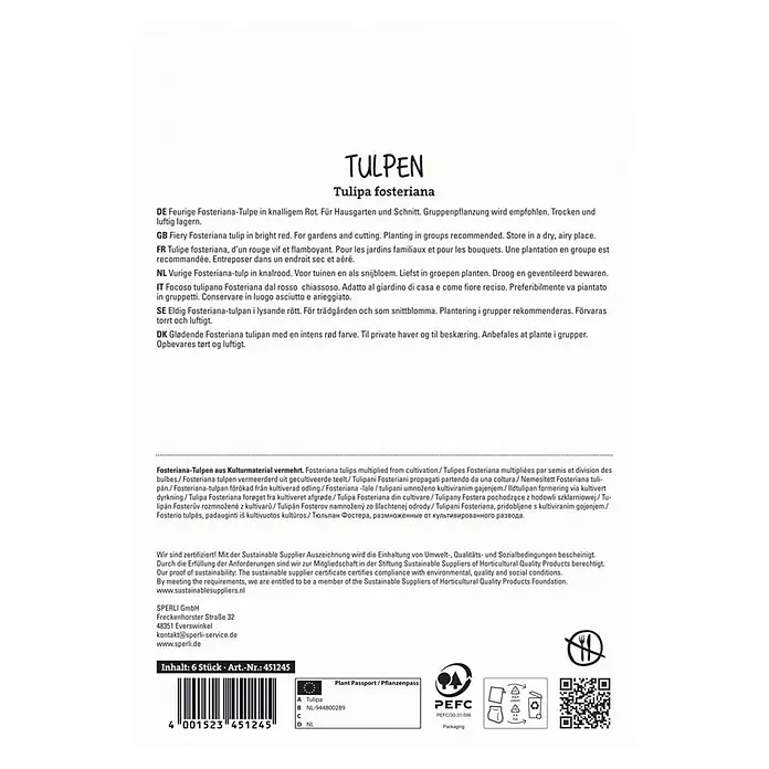 Sperli Blumenzwiebeln Fosteriana-Tulpe Red Emperor - Tulipa fosteriana, 6 Stk. - Produktverpackung mit Informationen zu roten Tulpen der Sorte Tulipa fosteriana für Gärten und Pflanzgefäße.