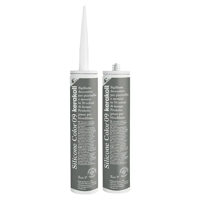 Kerakoll Silicona universal Color - Tono de color: 09, 310 ml - Dos cartuchos grises de Silicona Color 09 Kerakoll, un sellador decorativo para baldosas y mosaicos en 50 colores, producto verde para la bioconstrucción.