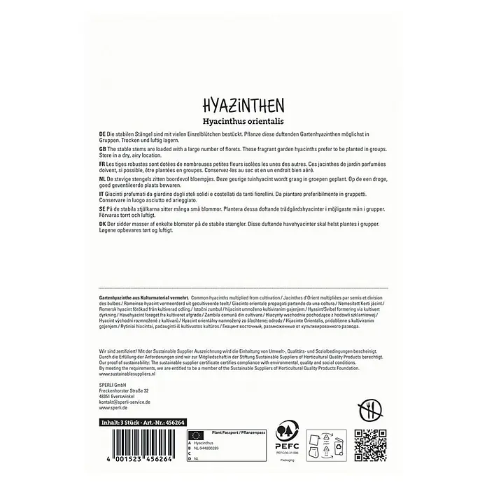 Blumenzwiebeln - Hyacinthus orientalis, 3 Stk. - Produktverpackung mit Informationen zu Hyazinthen, einschließlich Pflanzanweisungen und Herkunftsnachweis.